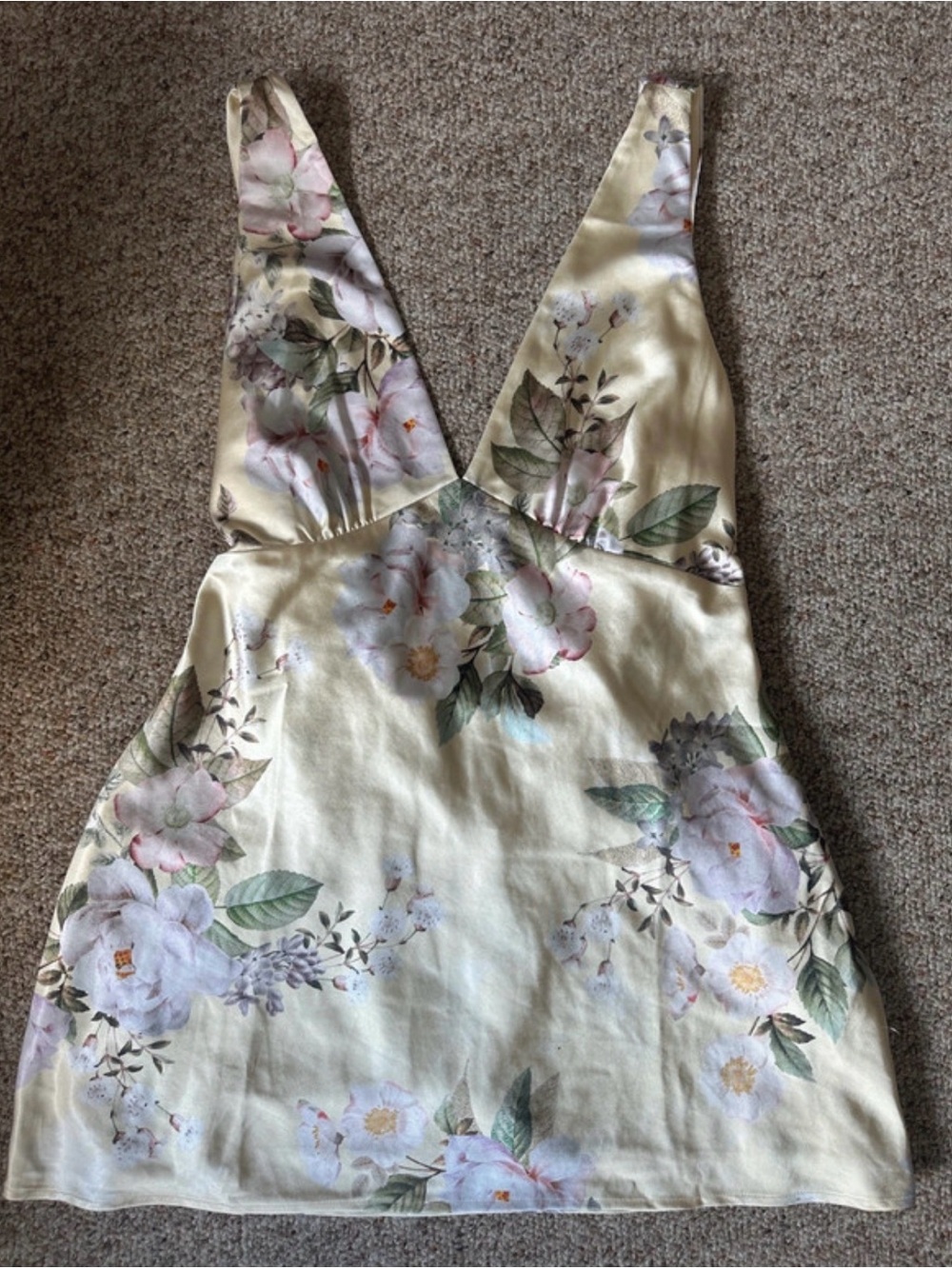 Meshki Butter Yellow Floral Satin V-Neck Mini Dress